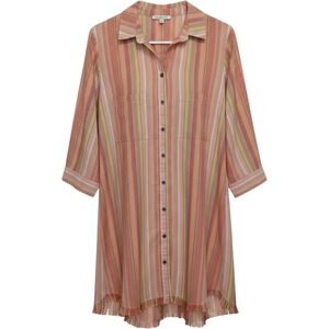 Seven Forty Two Womens Striped Button Down‎ Tunic Shirt Fringed Hem Pink Green M